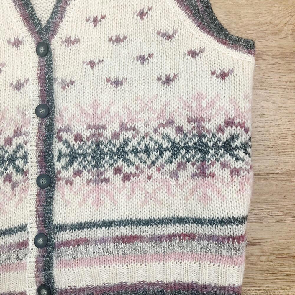 St. John's Bay Sweater Vest XL Cream Pink Fair Isle Knit Button Front V-Neck - Picture 4 of 8